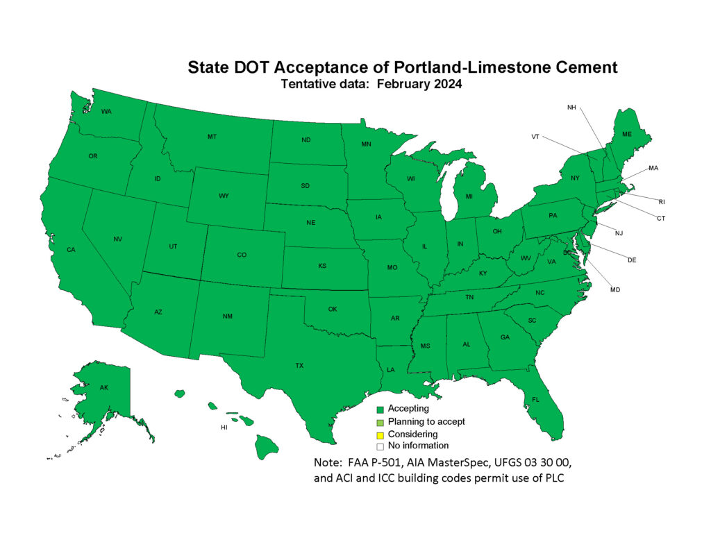 US map showing all 50 states have State DOT acceptance of Portland-Limestone Cement using tentative data from February 2024