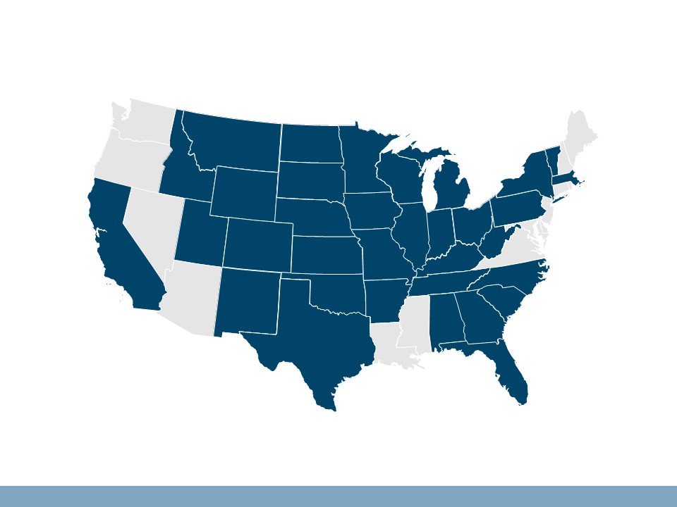 Illustration: Map of the continental United States showing the 36 states that currently participate in the Technology Transfer Concrete Consortium Transportation Pooled Fund shaded in blue: Alabama, Arkansas, California, Colorado, Florida, Georgia, Idaho, Illinois (and Illinois Tollway), Indiana, Iowa, Kansas, Kentucky, Massachusetts, Michigan, Minnesota, Missouri, Montana, Nebraska, New Mexico, New York, North Carolina, North Dakota, Ohio, Oklahoma, Pennsylvania, South Carolina, South Dakota, Tennessee, Texas, Utah, Vermont, West Virginia, Wisconsin and Wyoming