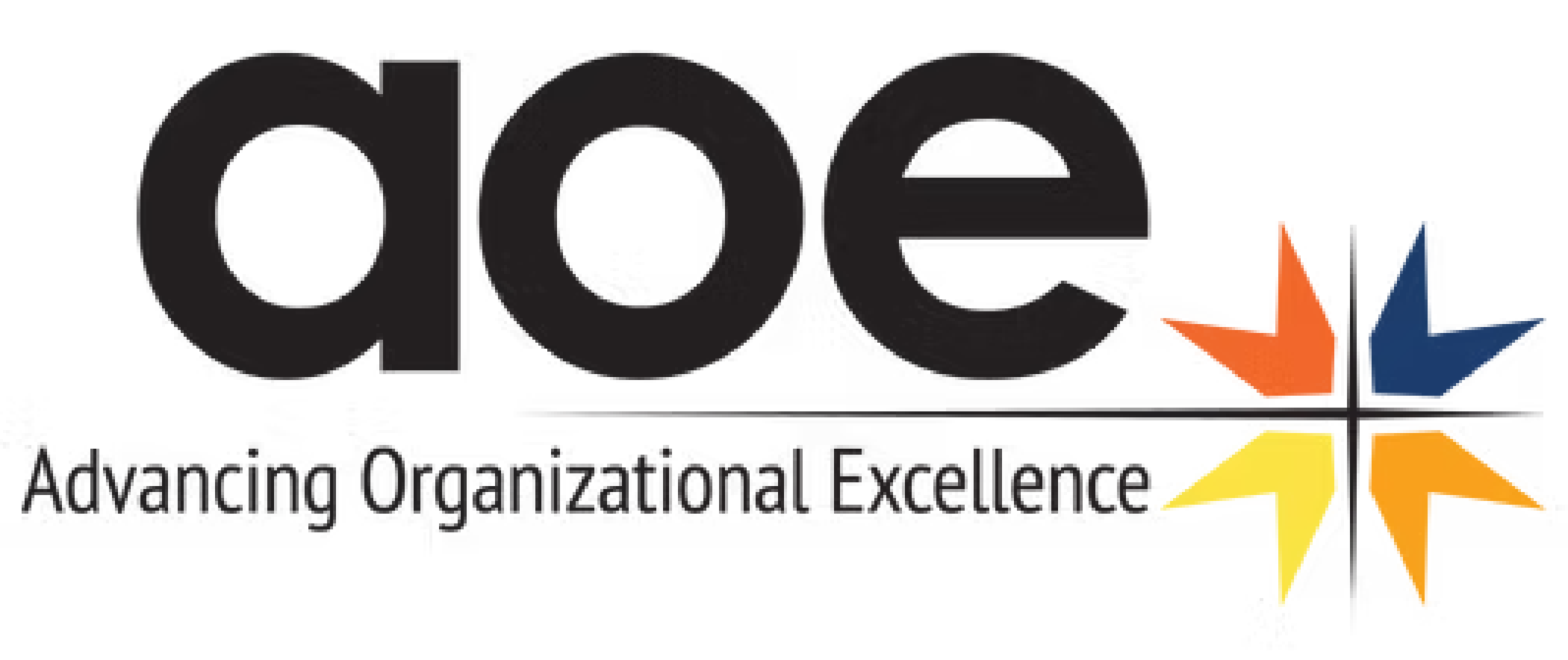 Logo with lowercase aoe and the name Advancing Organizational Excellence next to an icon of four differently colored arrows pointing inward to form an intersection