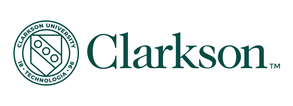 Logo resembling a crest with a shield, text encircling the logo is Clarkson University 18 Technologia 96 next to larger text reading Clarkson