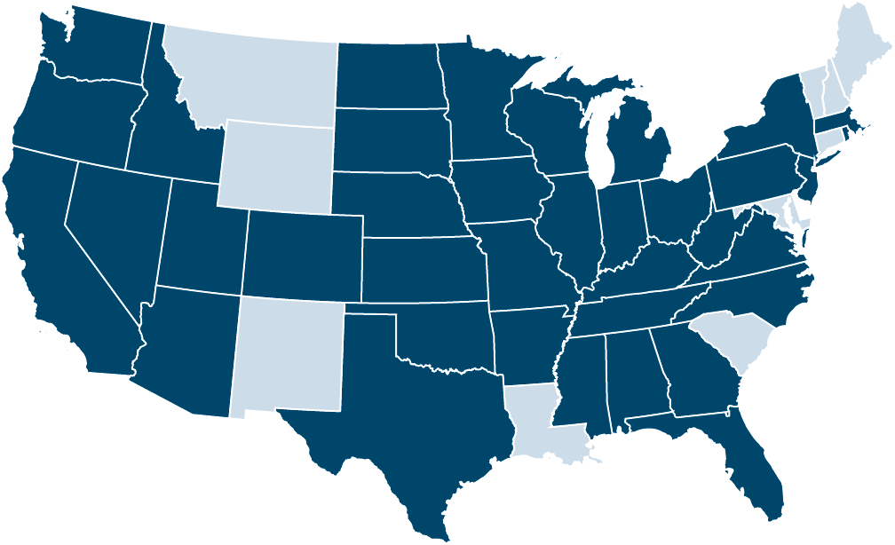 Map of the continental US that has about 40 states shaded darker blue to indicate where events were held with the remaining 10 in light blue