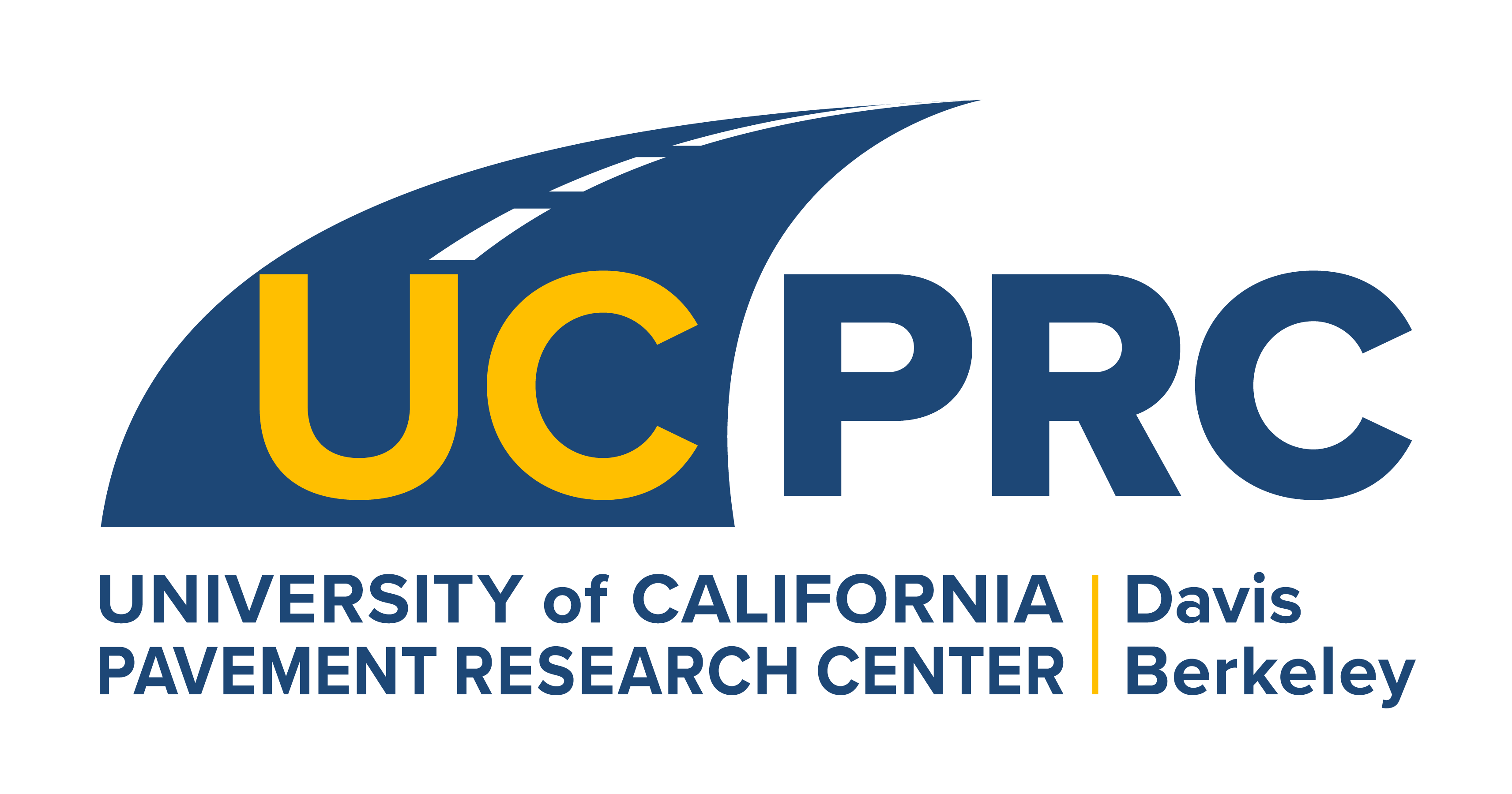 Logo for the University of California Pavement Research Center with the name below a stylized UC PRC with a curving roadway behind the UC and next to the cities of Davis and Berkeley