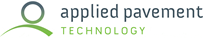 Logo reading applied pavement in lowercase technology in all caps next to an icon that resembles a ball rolling over a hill