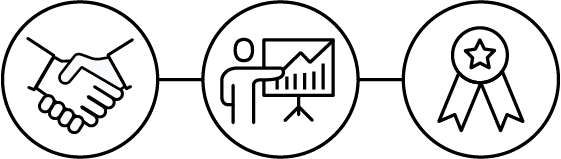 handshake, training, and award symbols side by side
